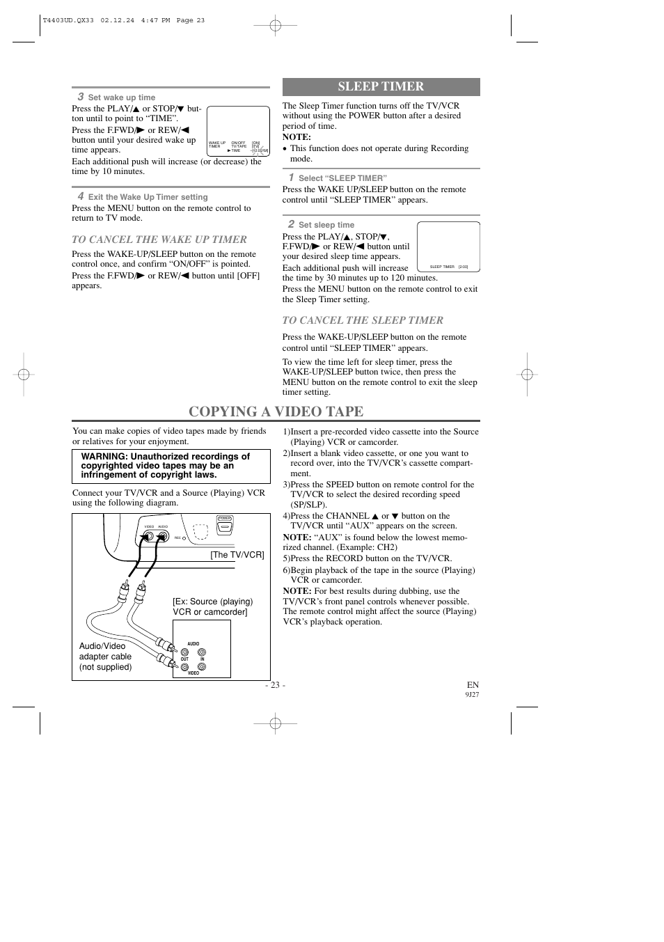 Copying a video tape, Sleep timer | Emerson EWC0903 User Manual | Page 23 / 32