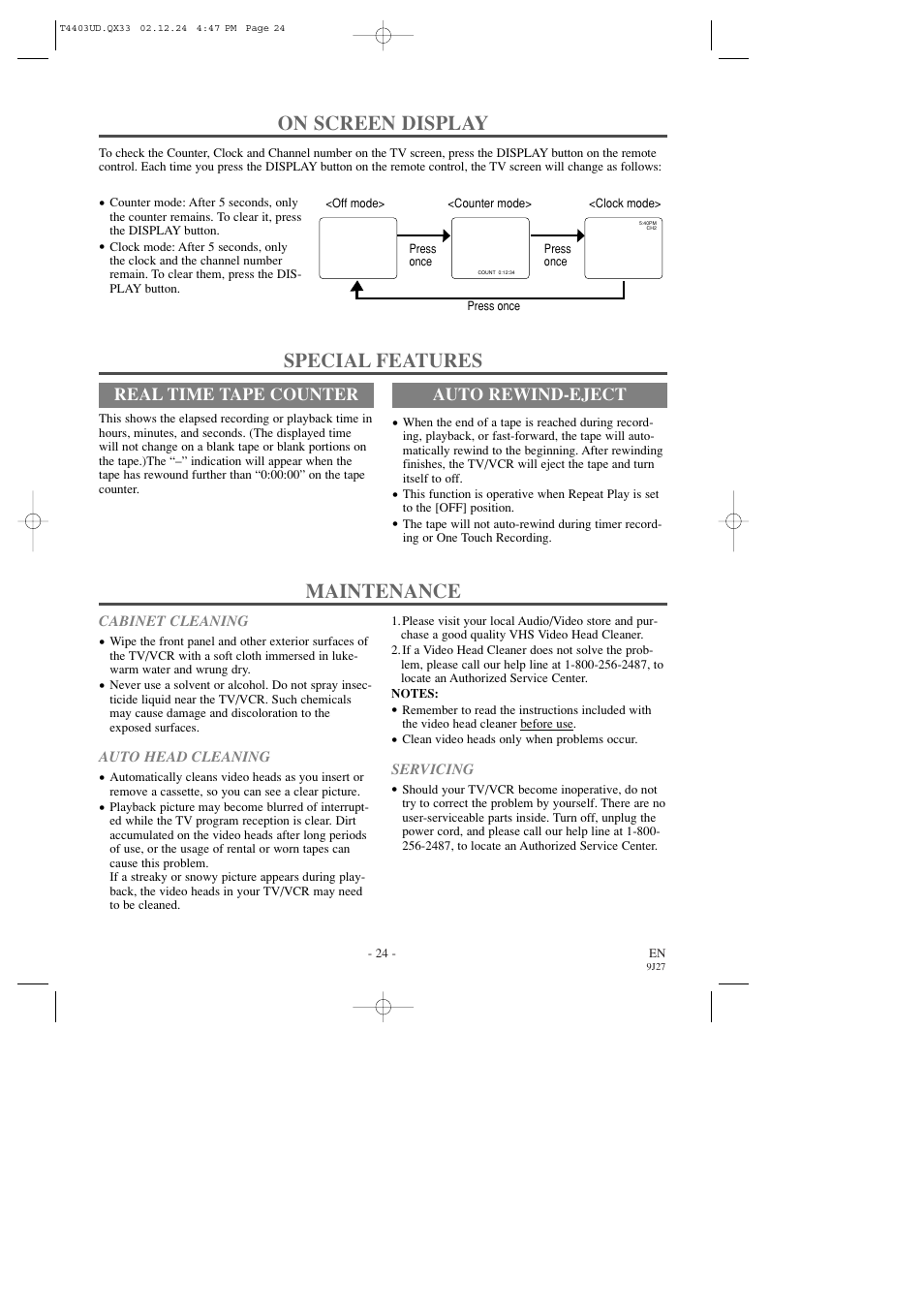 Maintenance, On screen display, Special features | Real time tape counter, Auto rewind-eject | Emerson EWC0903 User Manual | Page 24 / 32