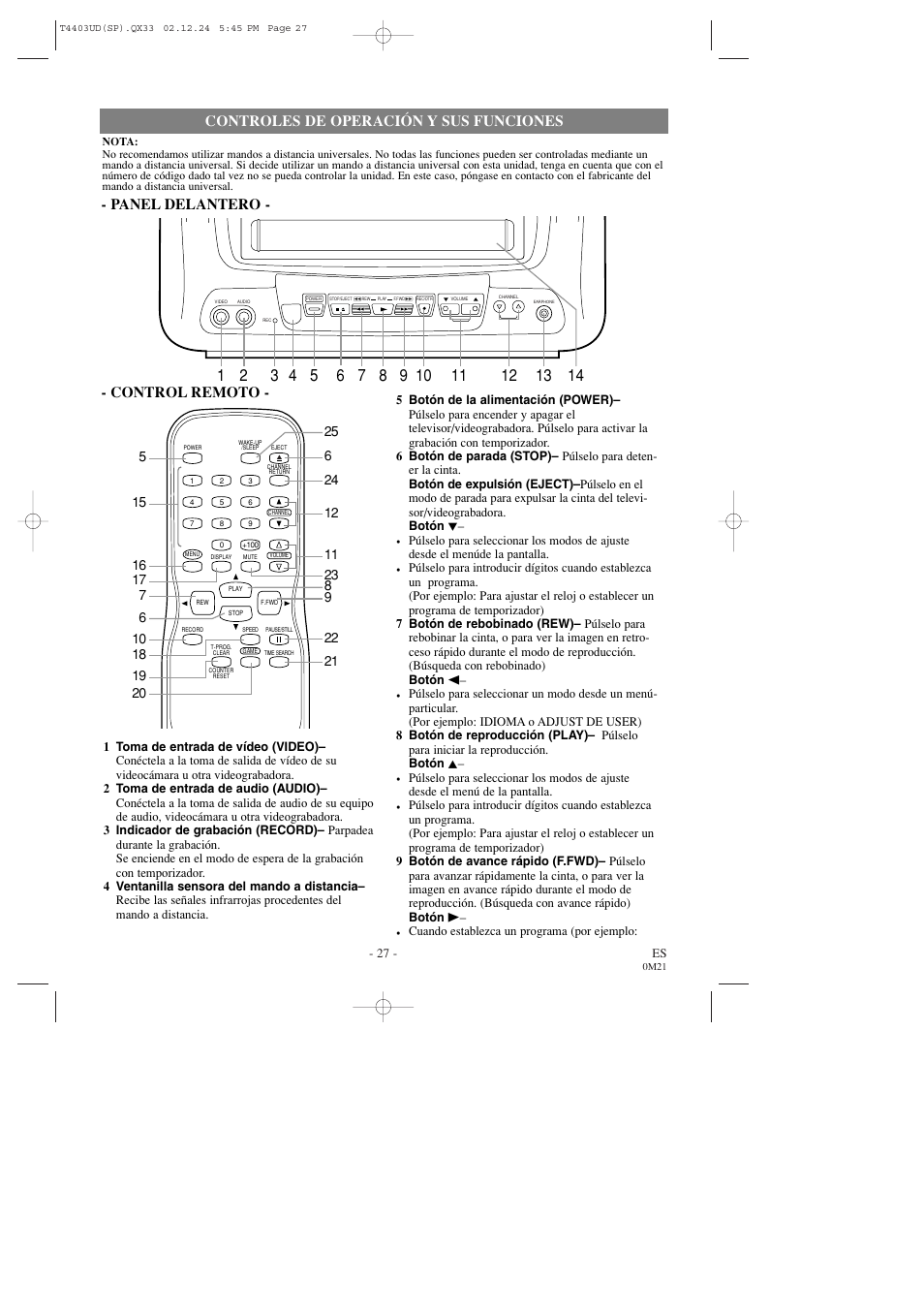 Controles de operación y sus funciones, Control remoto, Panel delantero | Emerson EWC0903 User Manual | Page 27 / 32