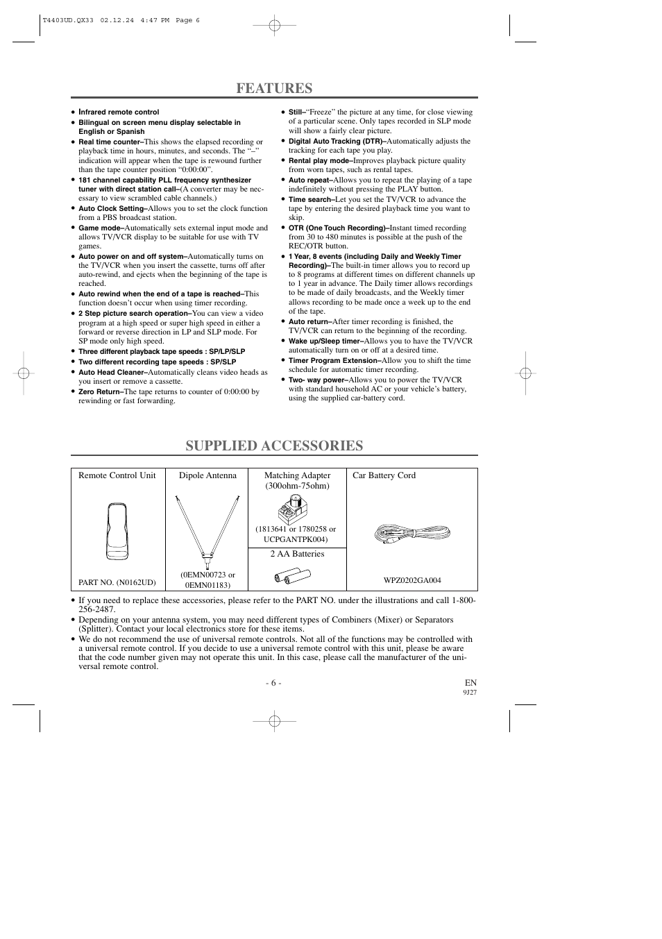 Features, Supplied accessories | Emerson EWC0903 User Manual | Page 6 / 32