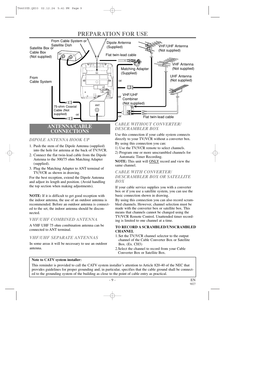 Preparation for use, Antenna/cable connections | Emerson EWC0903 User Manual | Page 9 / 32