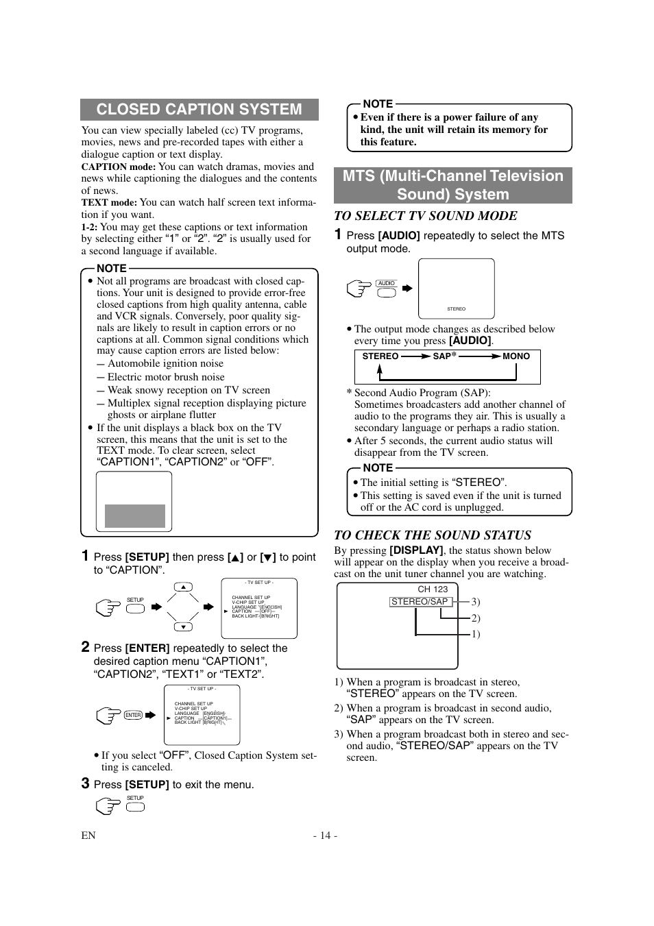 Closed caption system, Mts (multi-channel television sound) system | Emerson EWL15D6 User Manual | Page 14 / 44