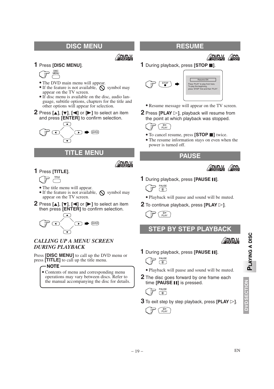 Resume pause title menu disc menu, Step by step playback | Emerson EWL15D6 User Manual | Page 19 / 44