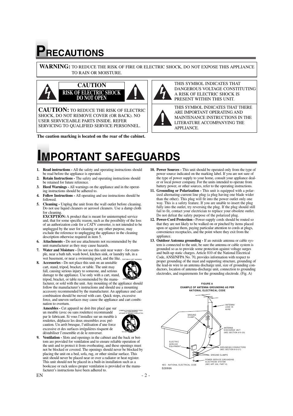 Mportant safeguards, Recautions, Caution | Caution risk of electric shock do not open, Warning, En - 2 | Emerson EWL15D6 User Manual | Page 2 / 44