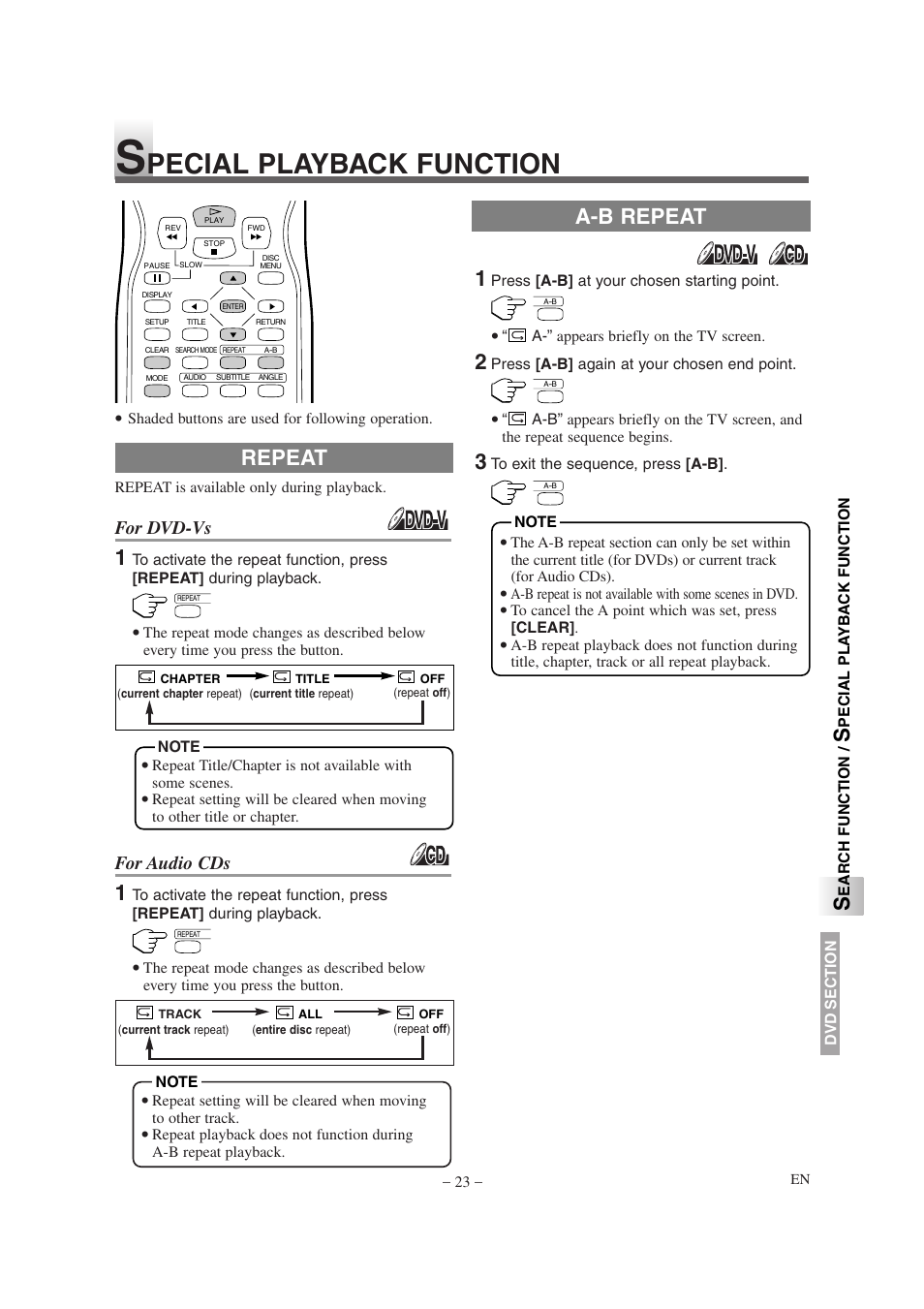 Pecial playback function, Repeat a-b repeat, For dvd-vs | For audio cds | Emerson EWL15D6 User Manual | Page 23 / 44