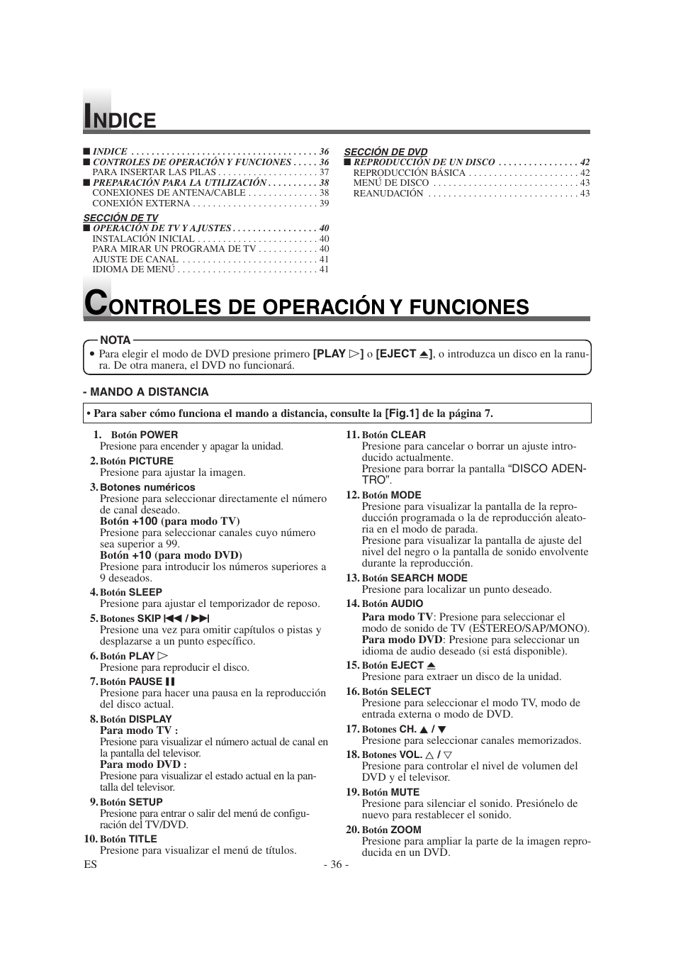 Ontroles de operación y funciones, Ndice | Emerson EWL15D6 User Manual | Page 36 / 44