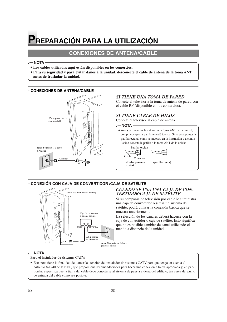 Reparación para la utilización, Conexiones de antena/cable, Si tiene una toma de pared | Si tiene cable de hilos, Es - 38, Conecte el televisor al cable de antena, Nota, Para el instalador de sistemas catv | Emerson EWL15D6 User Manual | Page 38 / 44