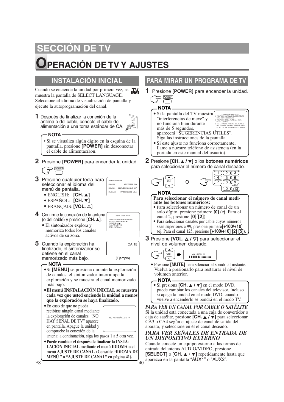 Sección de tv, Peración de tv y ajustes, Para mirar un programa de tv | Instalación inicial, Para ver un canal por cable o satélite | Emerson EWL15D6 User Manual | Page 40 / 44