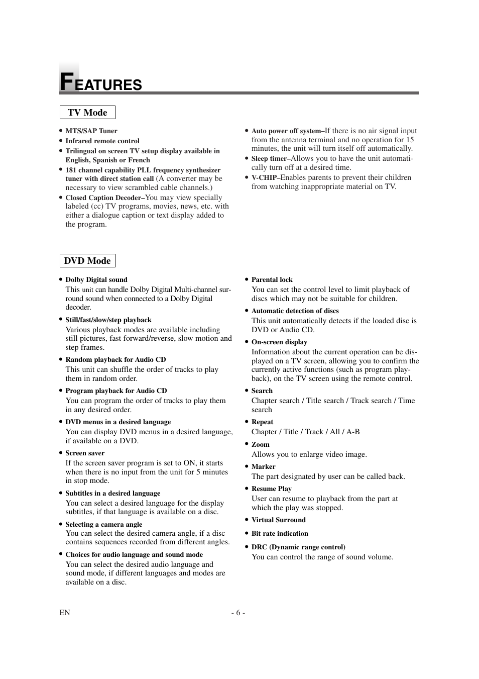 Eatures | Emerson EWL15D6 User Manual | Page 6 / 44