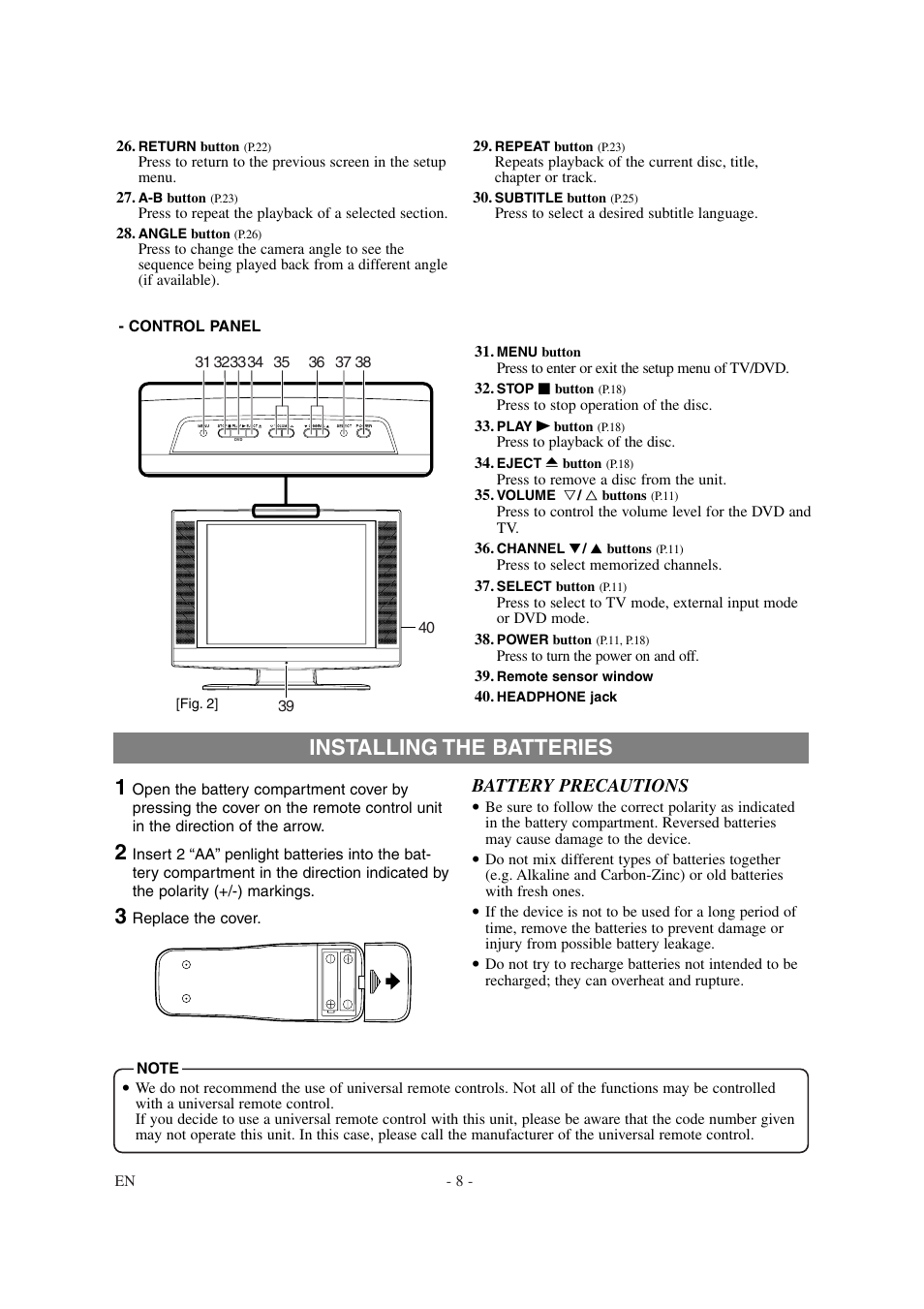 Installing the batteries 1, Battery precautions | Emerson EWL15D6 User Manual | Page 8 / 44