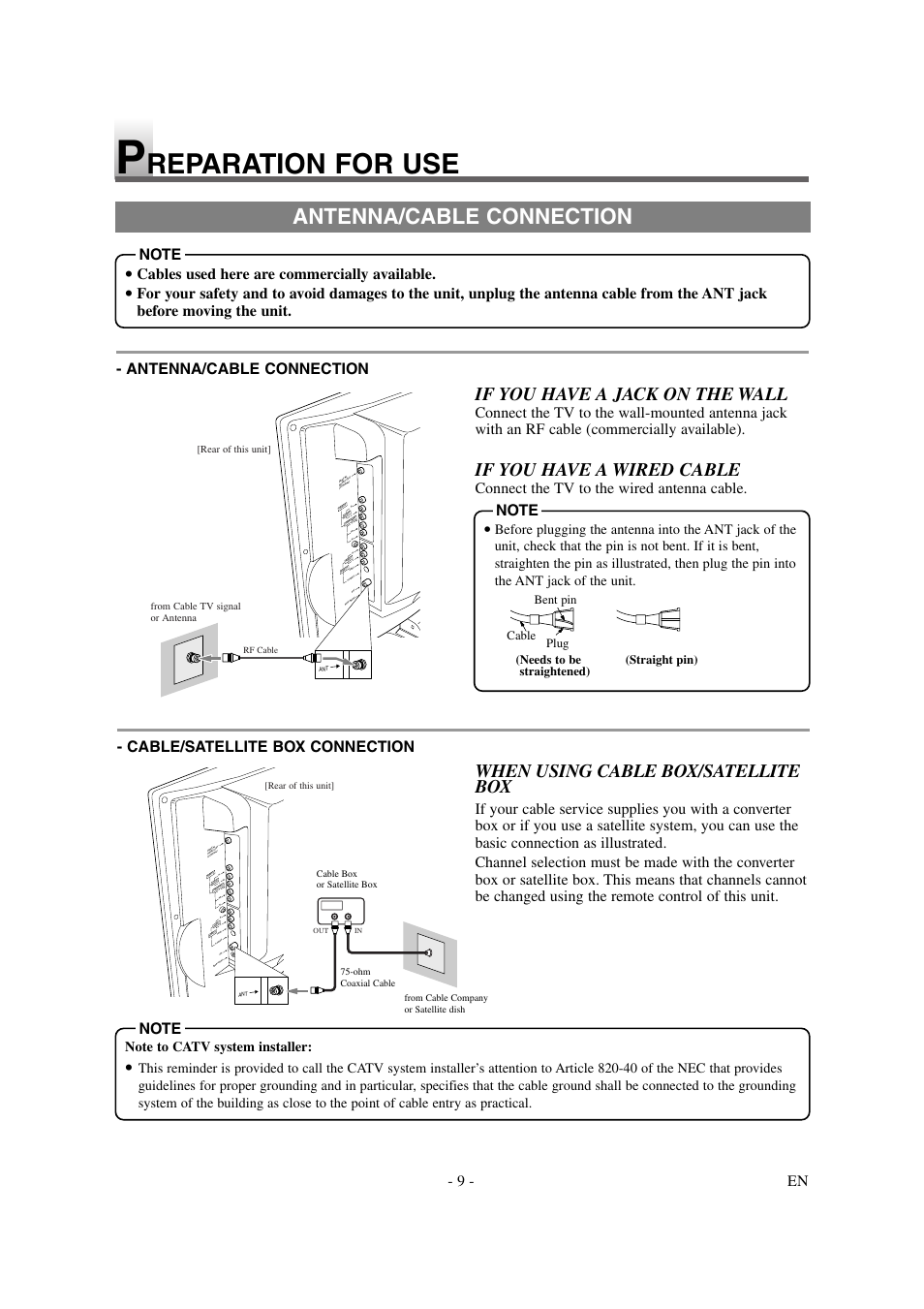 Reparation for use, Antenna/cable connection, If you have a jack on the wall | If you have a wired cable, When using cable box/satellite box, Connect the tv to the wired antenna cable, Cables used here are commercially available, Rear of this unit] from cable tv signal or antenna | Emerson EWL15D6 User Manual | Page 9 / 44