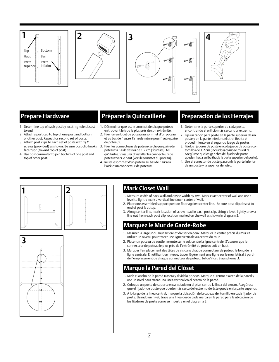 Mark closet wall, Marquez le mur de garde-robe, Marque la pared del clóset | Emerson SuperSlide 5637 User Manual | Page 2 / 6