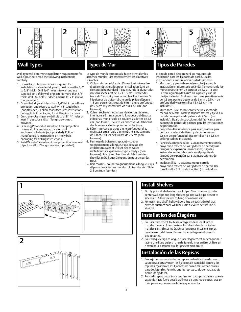 Wall types types de mur tipos de paredes, I n stall shelves, I n sta l lat ion des étag è res | Instalación de las repisas | Emerson SuperSlide 5637 User Manual | Page 4 / 6