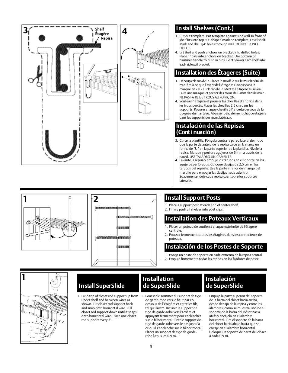 I n stall shelves (cont. ), I n sta l lat ion des étageres (suite ), Instalación de las repisas ( cont i nuaci ó n ) | I n stall supp ort post s, Installation des poteaux verticaux, Instalación de los postes de soporte | Emerson SuperSlide 5637 User Manual | Page 5 / 6