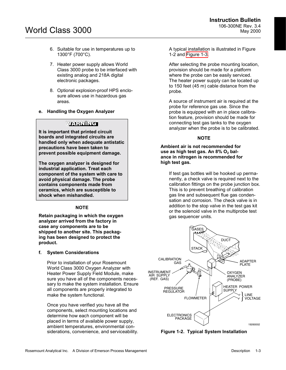 Handling the oxygen analyzer, System considerations, Figure 1-2. typical system installation -3 | World class 3000, Instruction bulletin | Emerson WORLD CLASS 3000 User Manual | Page 11 / 76