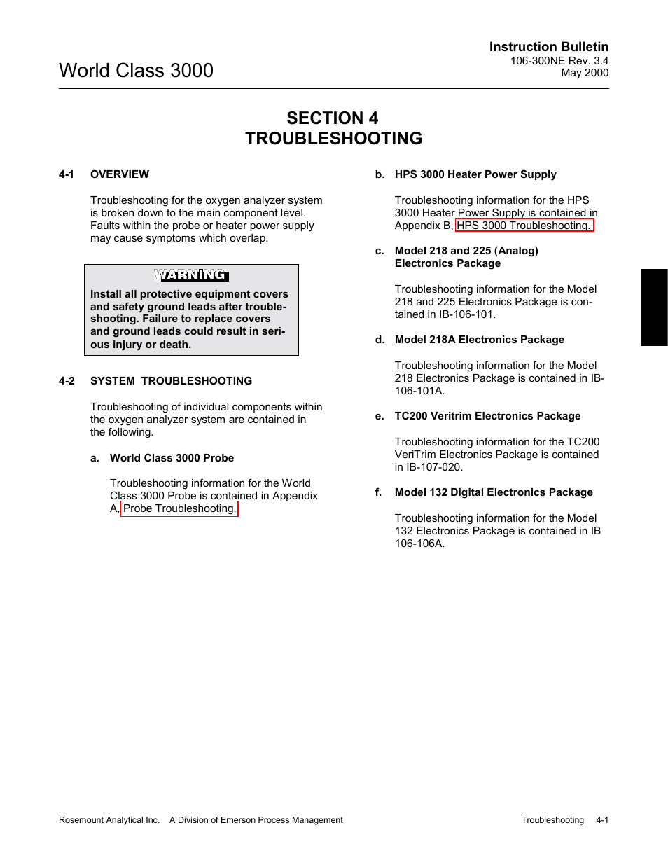 Section 4 troubleshooting, Overview, System troubleshooting | World class 3000 probe, Hps 3000 heater power supply, Model 218 and 225 (analog) electronics package, Model 218a electronics package, Tc200 veritrim electronics package, Model 132 digital electronics package, 0 troubleshooting -1 4-1 | Emerson WORLD CLASS 3000 User Manual | Page 29 / 76