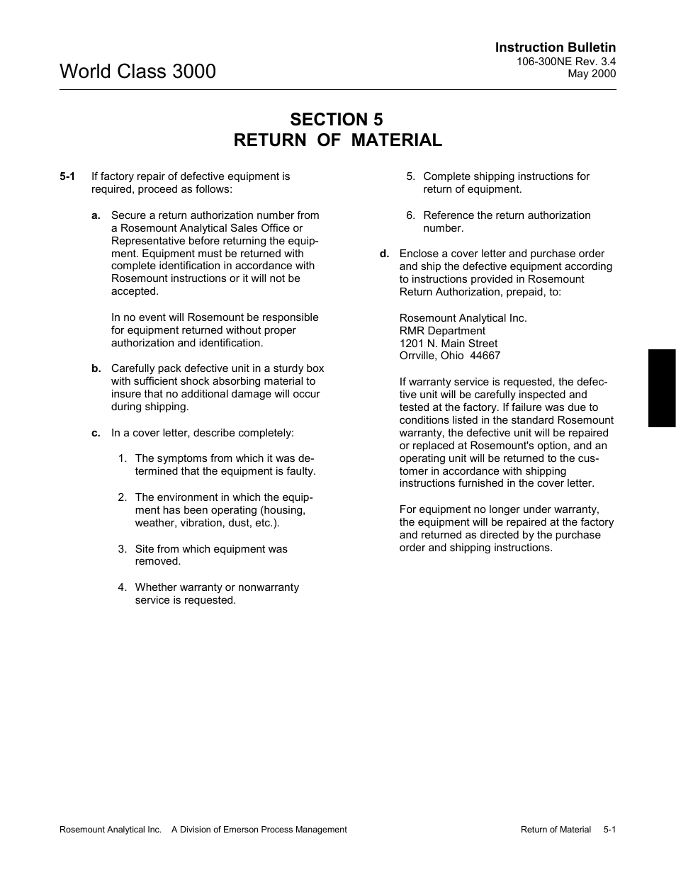 Section 5 return of material, Return of material -1, World class 3000 | Emerson WORLD CLASS 3000 User Manual | Page 31 / 76