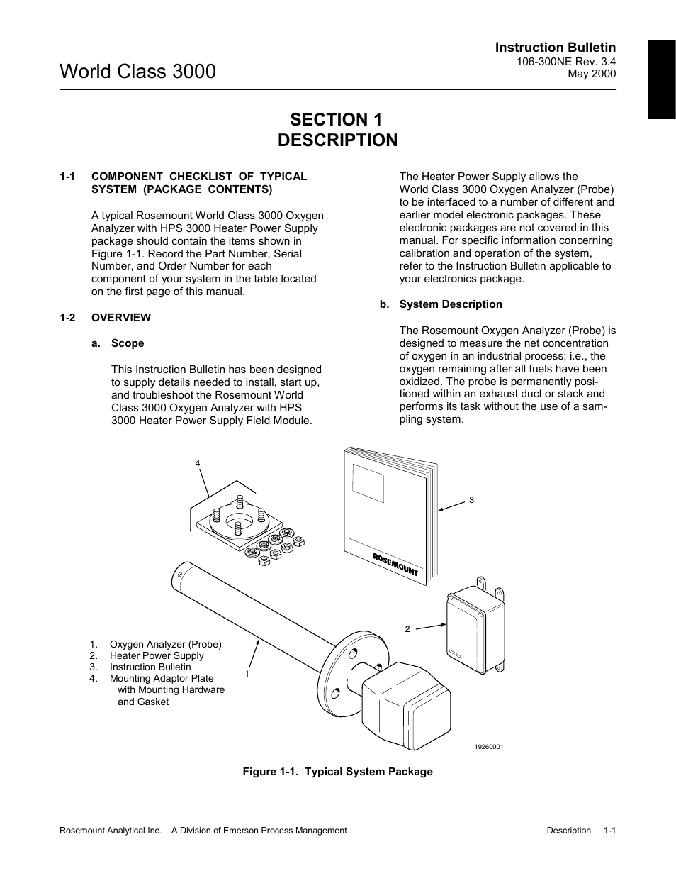 Section 1 description, Overview, Scope | System description, 0 description -1 1-1, Overview -1, Figure 1-1. typical system package -1, World class 3000 | Emerson WORLD CLASS 3000 User Manual | Page 9 / 76
