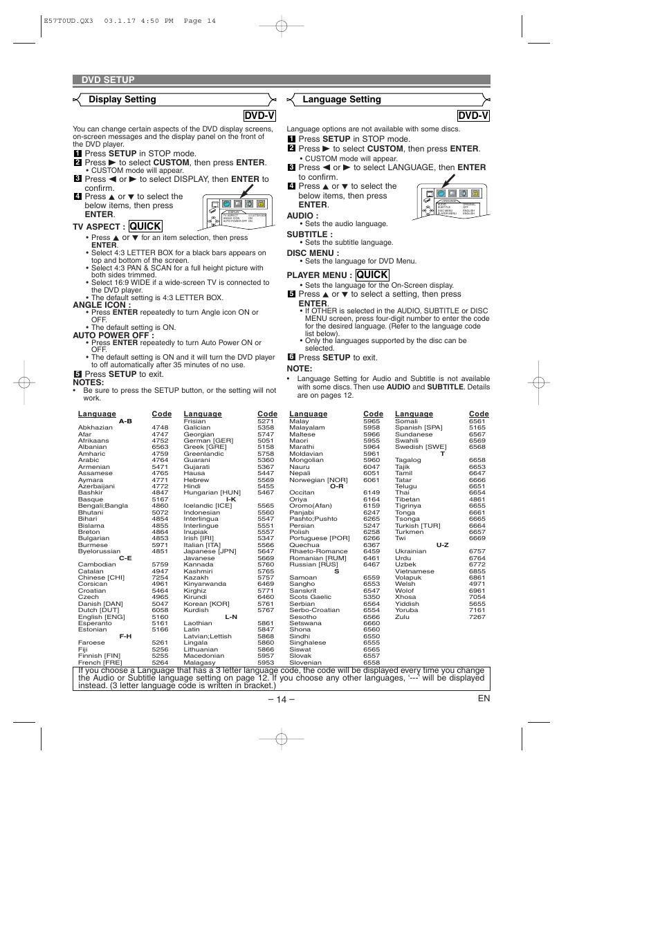 Quick, Dvd-v, Display setting – 14 | Dvd setup, Language setting, Kor l, Angle icon, Auto power off, Subtitle, Disc menu | Emerson EWD7003 User Manual | Page 14 / 20