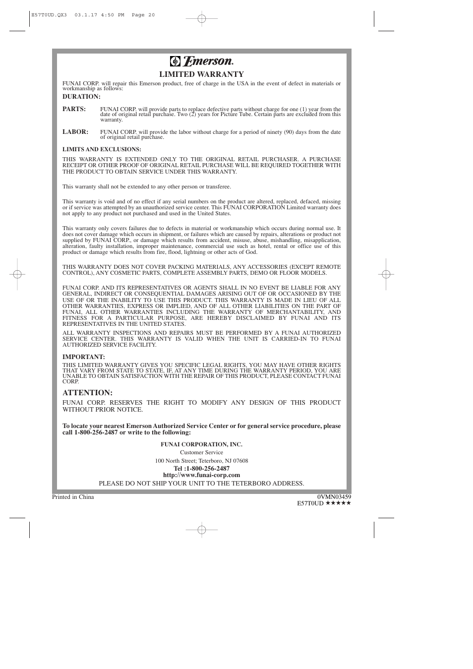 Limited warranty, Attention | Emerson EWD7003 User Manual | Page 20 / 20