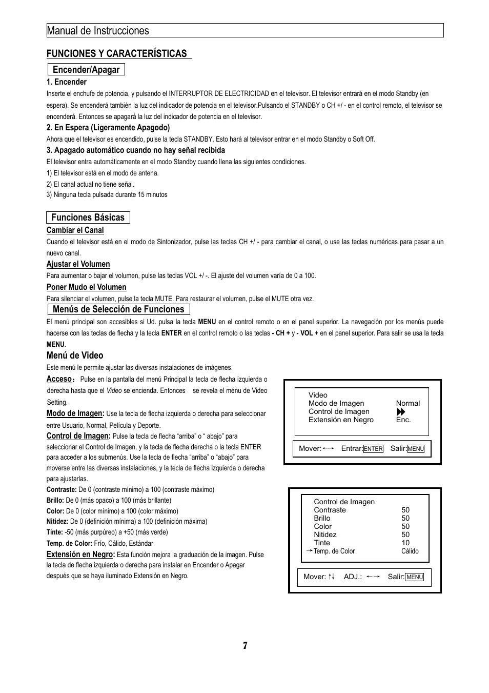 Manual de instrucciones 7, Funciones y características, Encender/apagar | Funciones básicas, Menús de selección de funciones, Menú de video | Emerson EMTV21785 User Manual | Page 10 / 32