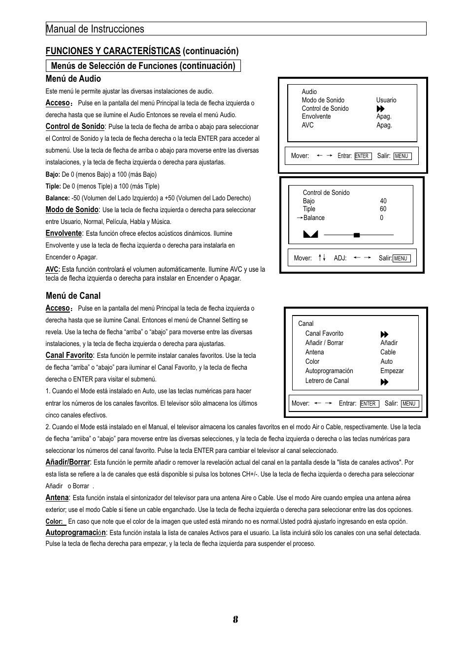 0dqxdogh,qvwuxfflrqhv, Frqwlqxdflyq, 0hq~vgh6hohfflyqgh)xqflrqhv | 0hq~gh$xglr, 0hq~gh&dqdo | Emerson EMTV21785 User Manual | Page 11 / 32