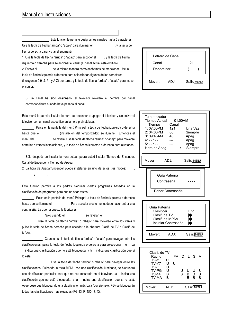 Manual de instrucciones 9, Funciones y características (continuación), Continuación) | Menús de selección de funciones, Menú del temporizador, Menú del guía paterna | Emerson EMTV21785 User Manual | Page 12 / 32