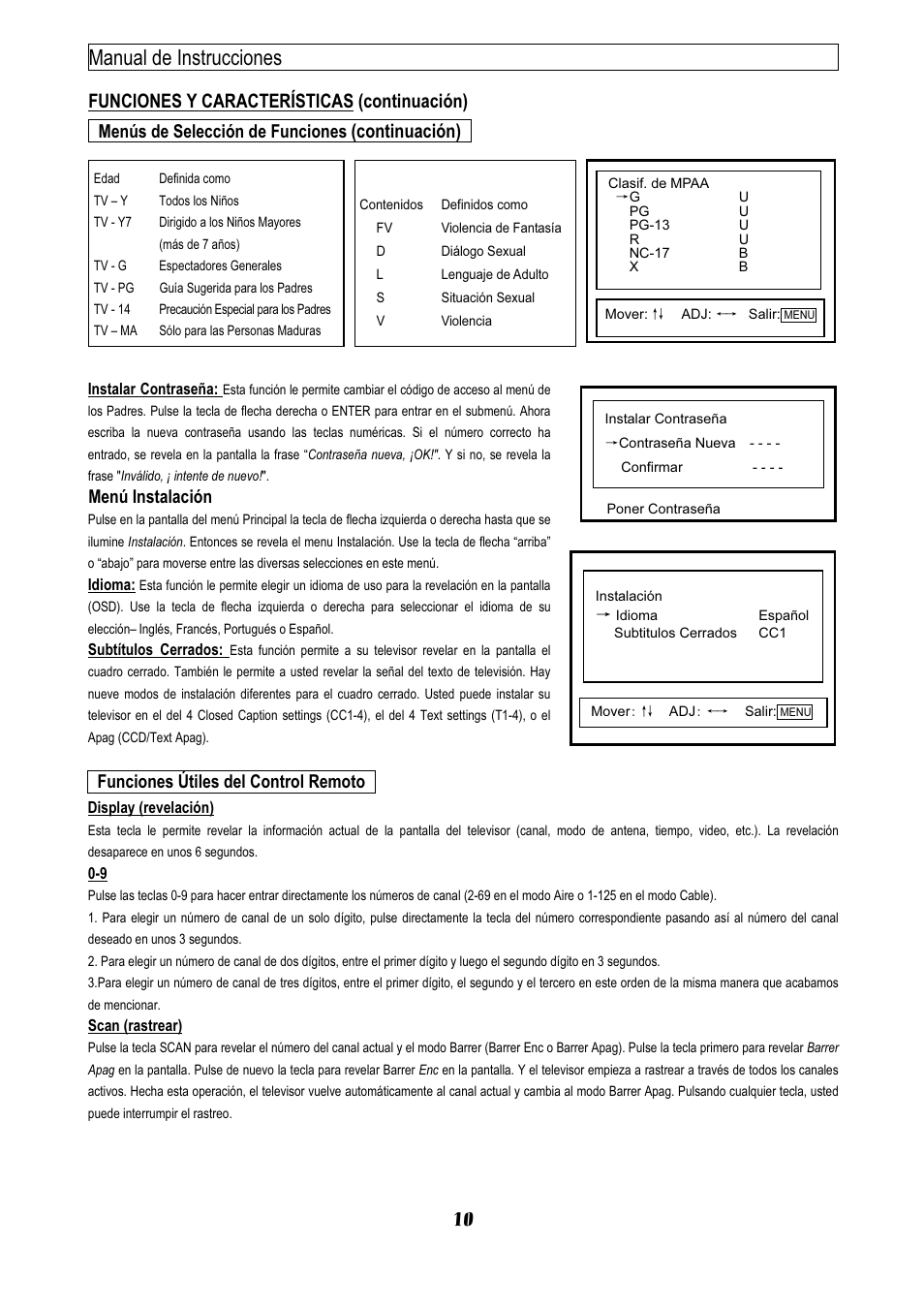 Manual de instrucciones 10, Funciones y características (continuación), Continuación) | Menús de selección de funciones, Menú instalación, Funciones útiles del control remoto | Emerson EMTV21785 User Manual | Page 13 / 32