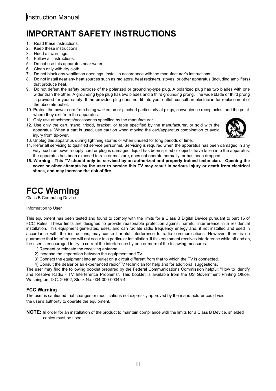 Important safety instructions, Fcc warning, Instruction manual ii | Emerson EMTV21785 User Manual | Page 19 / 32