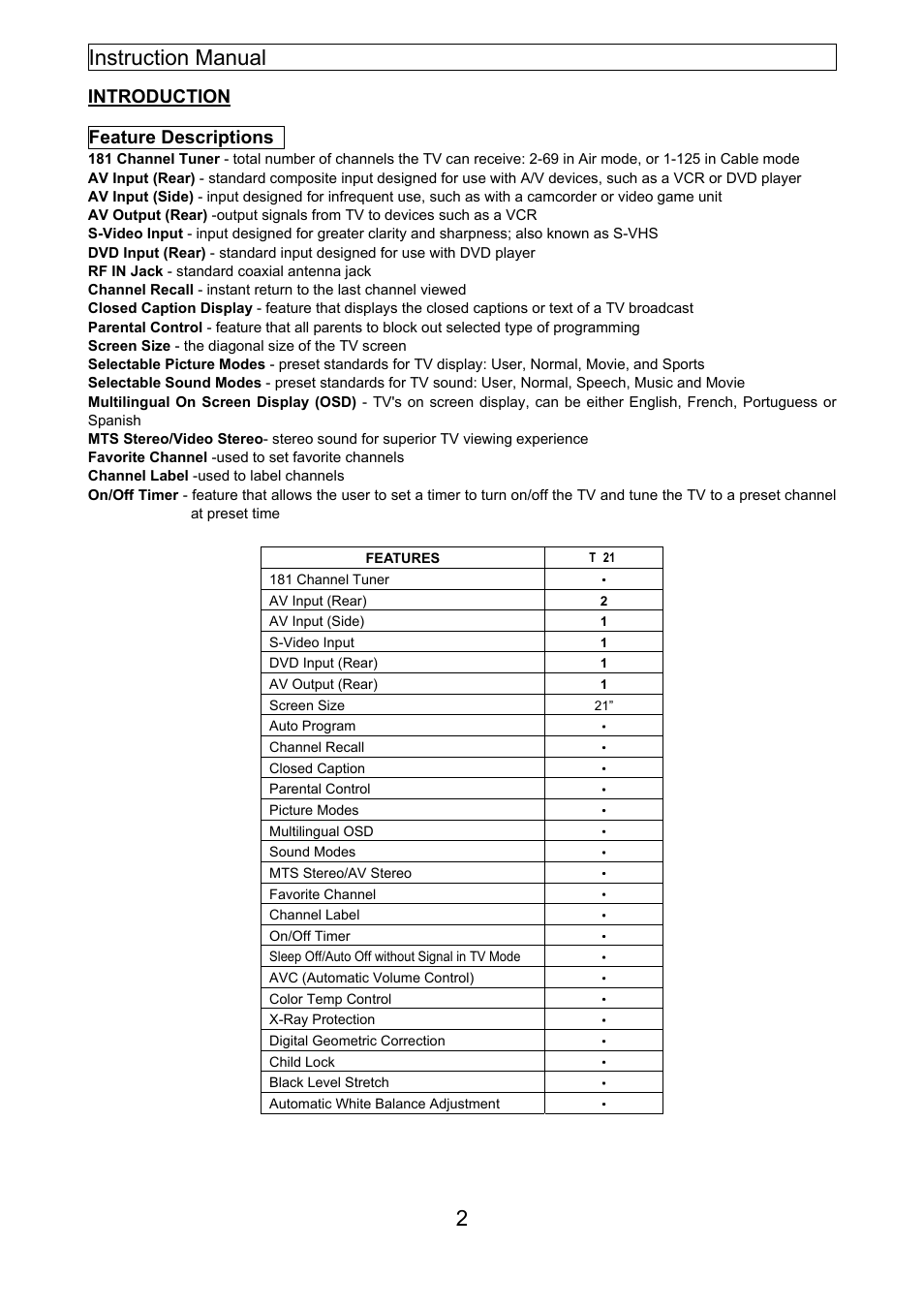 Instruction manual 2, Introduction feature descriptions | Emerson EMTV21785 User Manual | Page 21 / 32