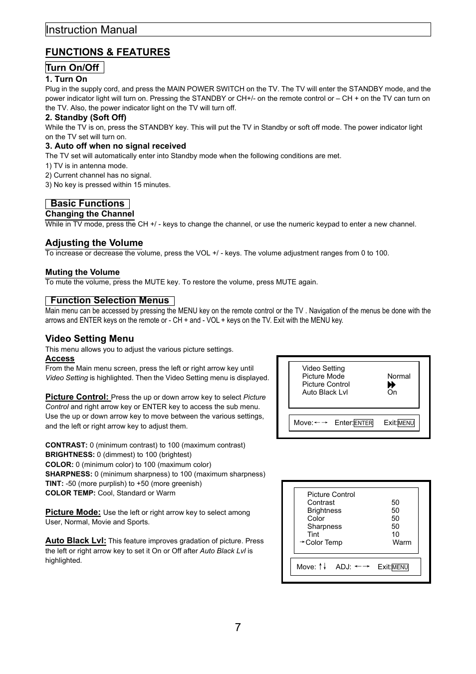 Instruction manual 7, Functions & features, Turn on/off | Basic functions, Adjusting the volume, Function selection menus, Video setting menu | Emerson EMTV21785 User Manual | Page 26 / 32