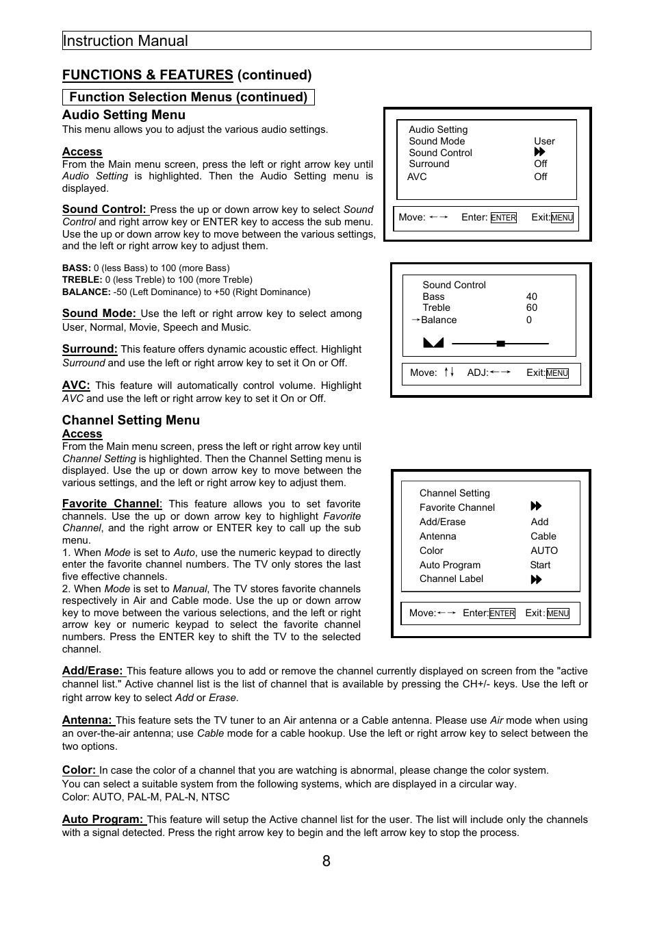 Instruction manual 8, Functions & features (continued), Channel setting menu | Emerson EMTV21785 User Manual | Page 27 / 32