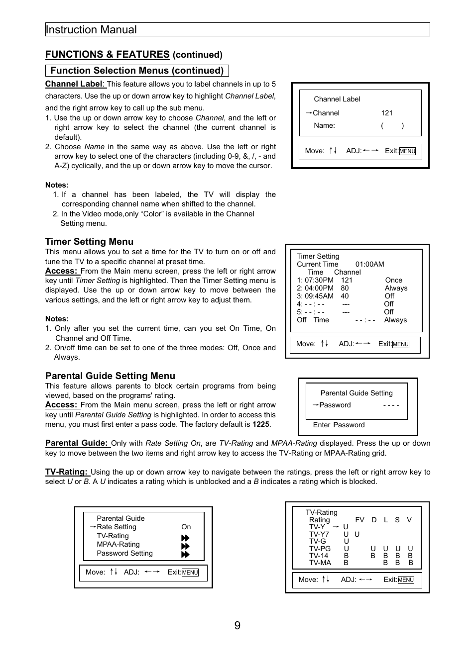 Instruction manual 9, Functions & features, Function selection menus (continued) | Timer setting menu, Parental guide setting menu | Emerson EMTV21785 User Manual | Page 28 / 32