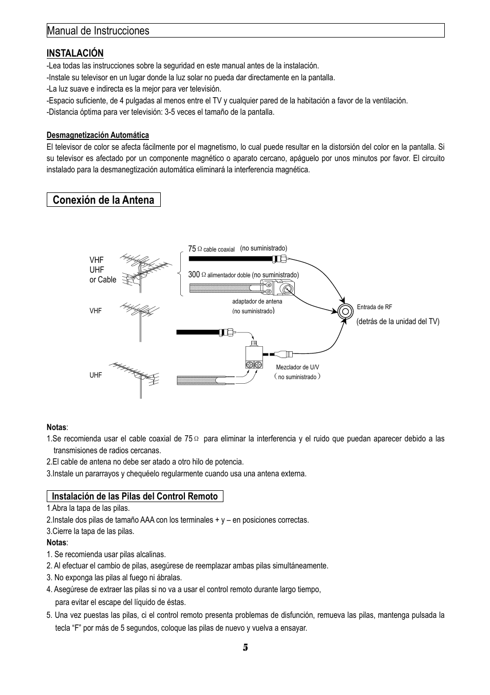 Manual de instrucciones 5, Conexión de la antena, Instalación | Instalación de las pilas del control remoto | Emerson EMTV21785 User Manual | Page 8 / 32