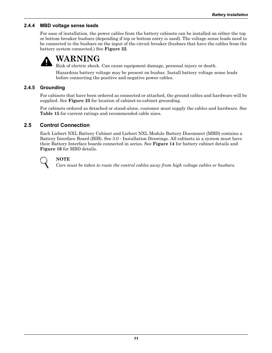 4 mbd voltage sense leads, 5 grounding, 5 control connection | Mbd voltage sense leads, Grounding, Control connection, Warning | Emerson NXL UPS Systems User Manual | Page 15 / 48