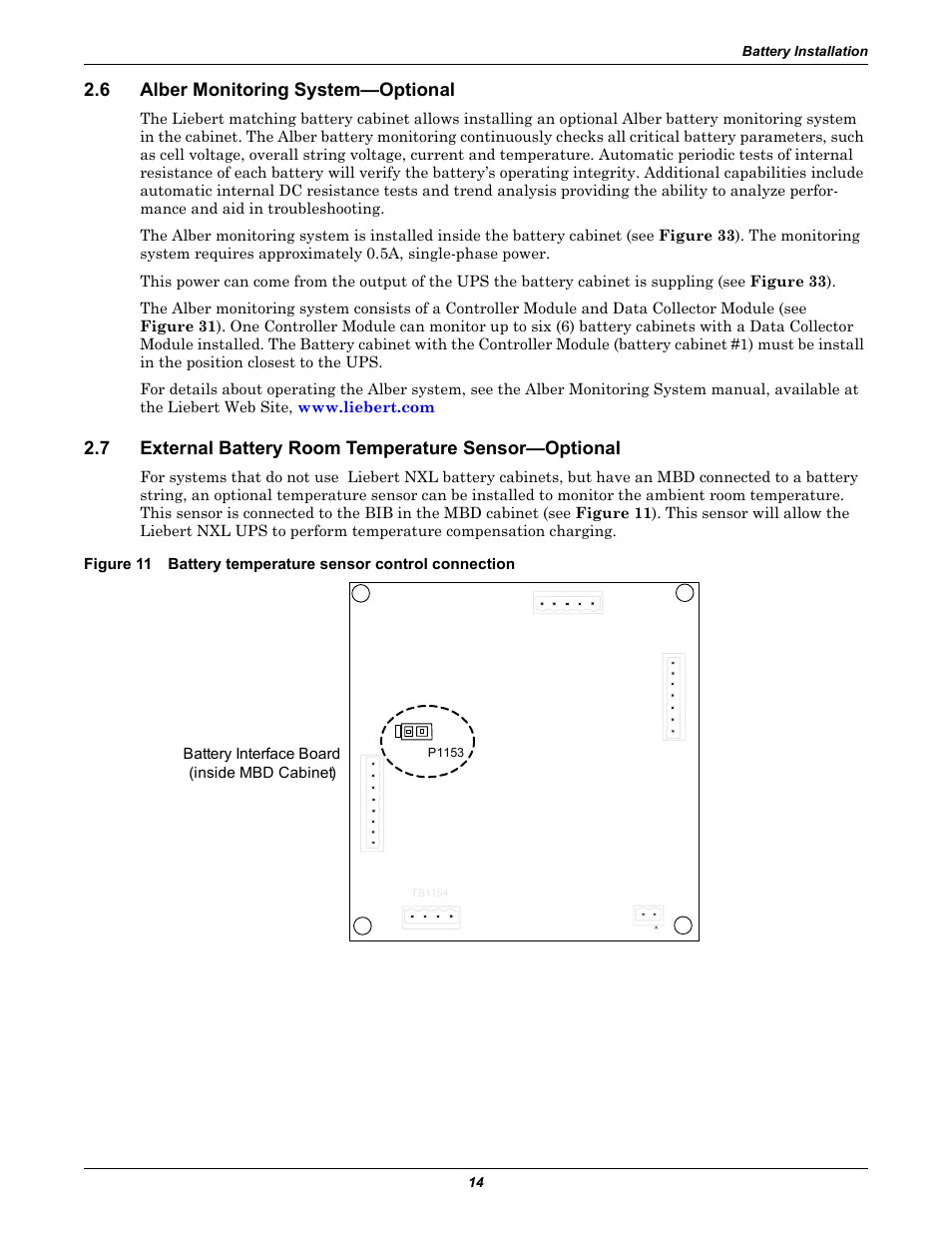 6 alber monitoring system—optional, Alber monitoring system—optional, External battery room temperature sensor—optional | Emerson NXL UPS Systems User Manual | Page 18 / 48