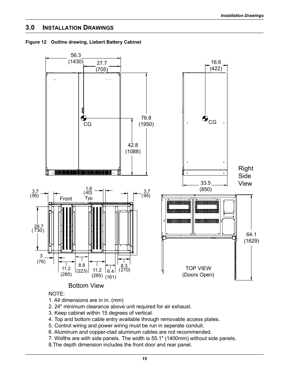0 installation drawings, Figure 12 outline drawing, liebert battery cabinet, Nstallation | Rawings, Right side view, Bottom view | Emerson NXL UPS Systems User Manual | Page 19 / 48