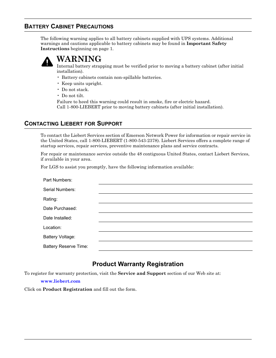 Battery cabinet precautions, Contacting liebert for support, Warning | Product warranty registration | Emerson NXL UPS Systems User Manual | Page 2 / 48