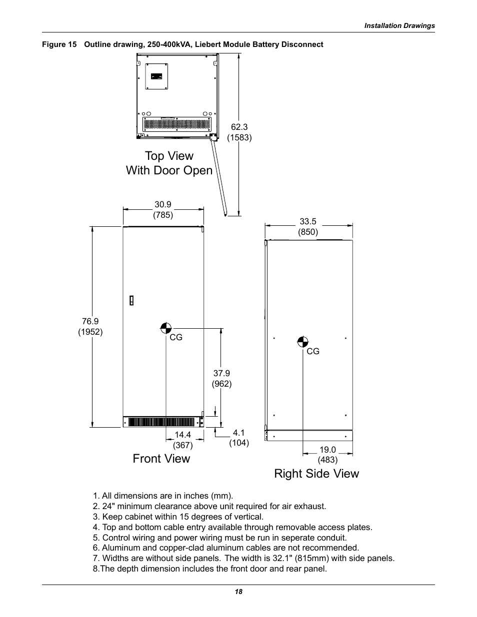 Top view with door open right side view front view | Emerson NXL UPS Systems User Manual | Page 22 / 48