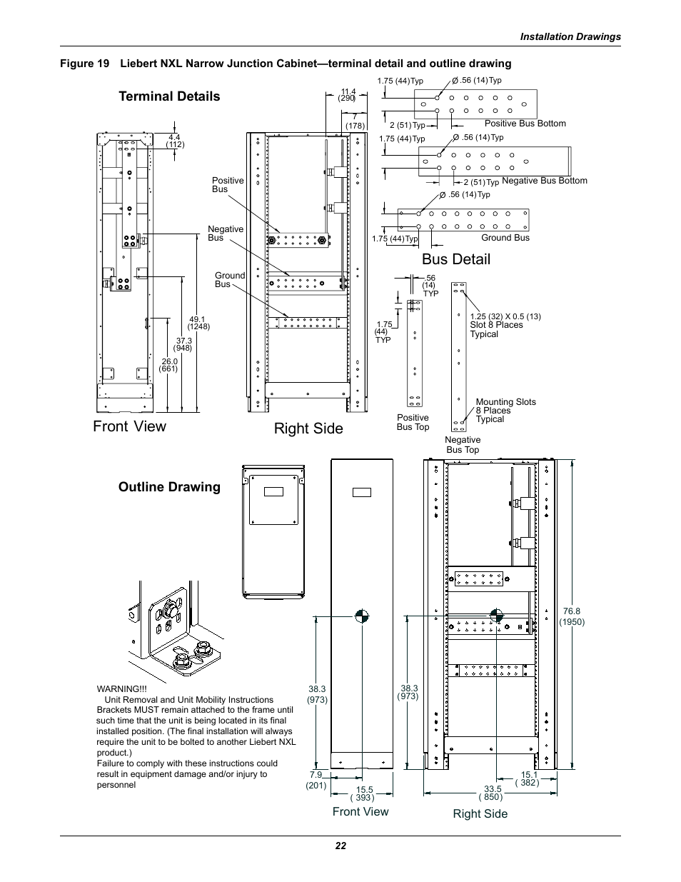 Bus detail front view right side, Terminal details outline drawing, Right side front view | Emerson NXL UPS Systems User Manual | Page 26 / 48