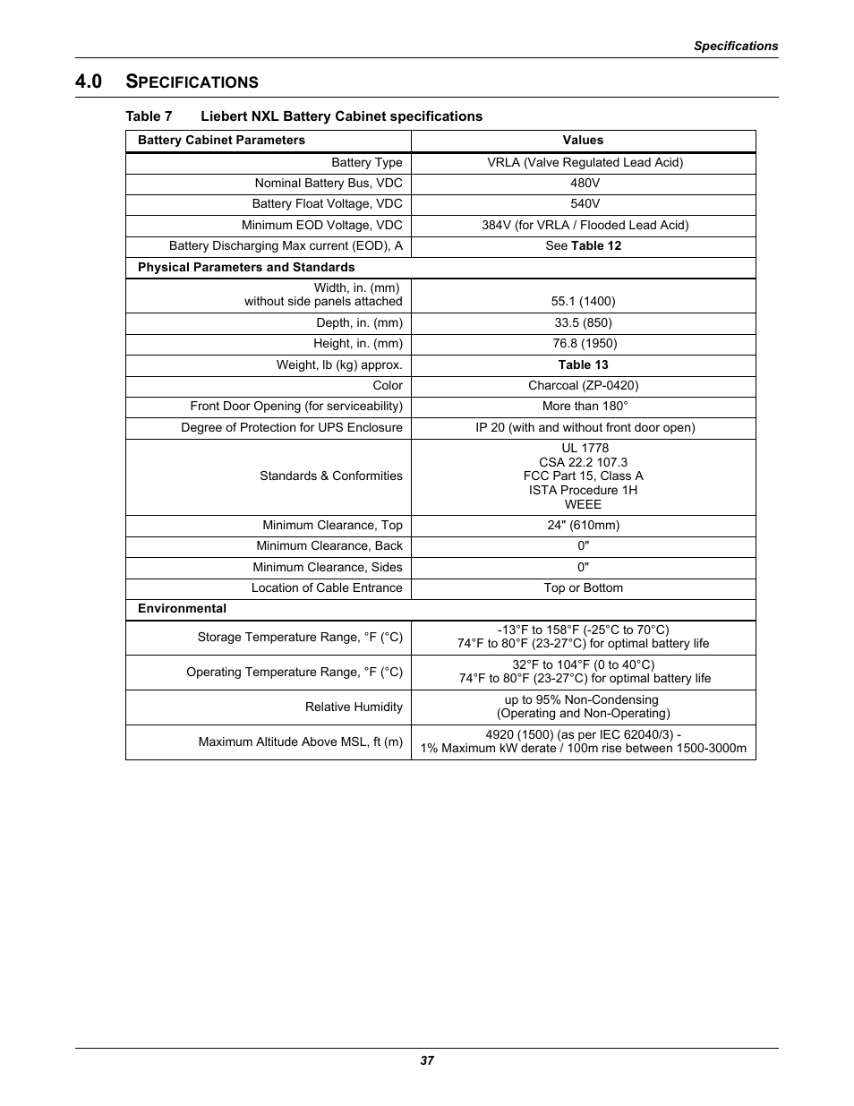 0 specifications, Table 7 liebert nxl battery cabinet specifications, Pecifications | Table 7, Liebert nxl battery cabinet specifications | Emerson NXL UPS Systems User Manual | Page 41 / 48