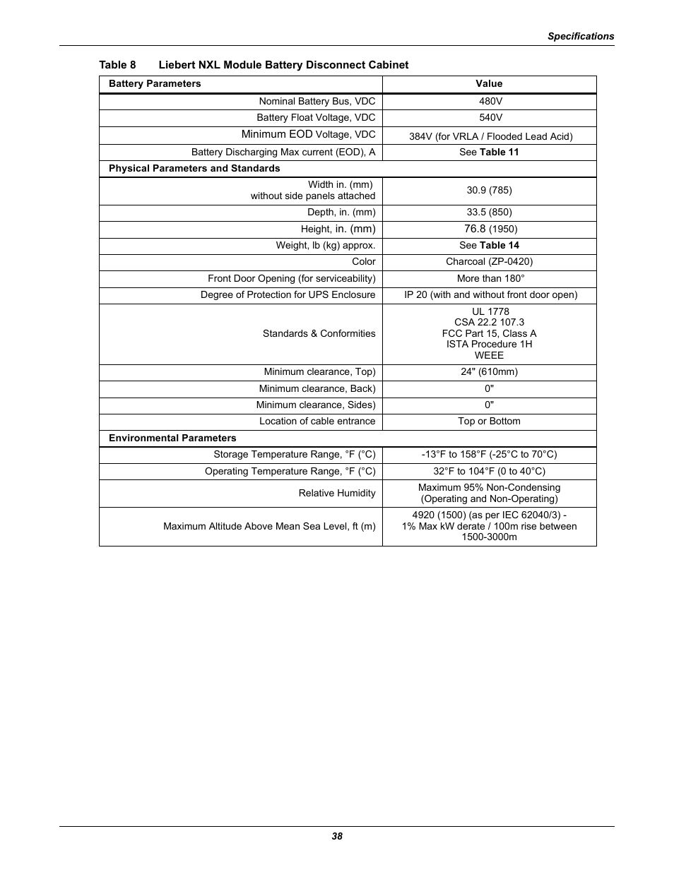 Table 8, Liebert nxl module battery disconnect cabinet | Emerson NXL UPS Systems User Manual | Page 42 / 48