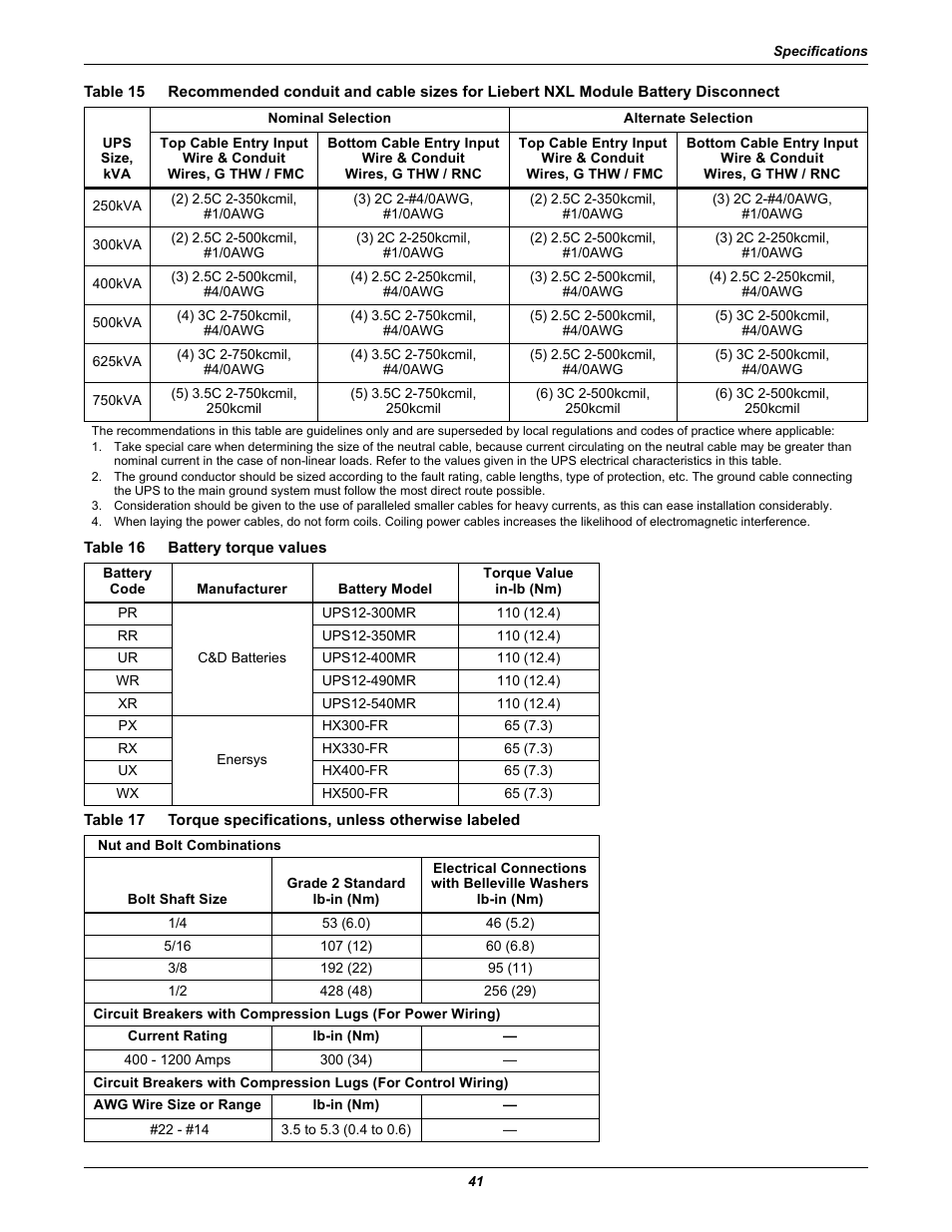 Table 16 battery torque values, Table 15, Table 16 | Battery torque values, Table 17, Torque specifications, unless otherwise labeled, Table 15 for current ratings | Emerson NXL UPS Systems User Manual | Page 45 / 48