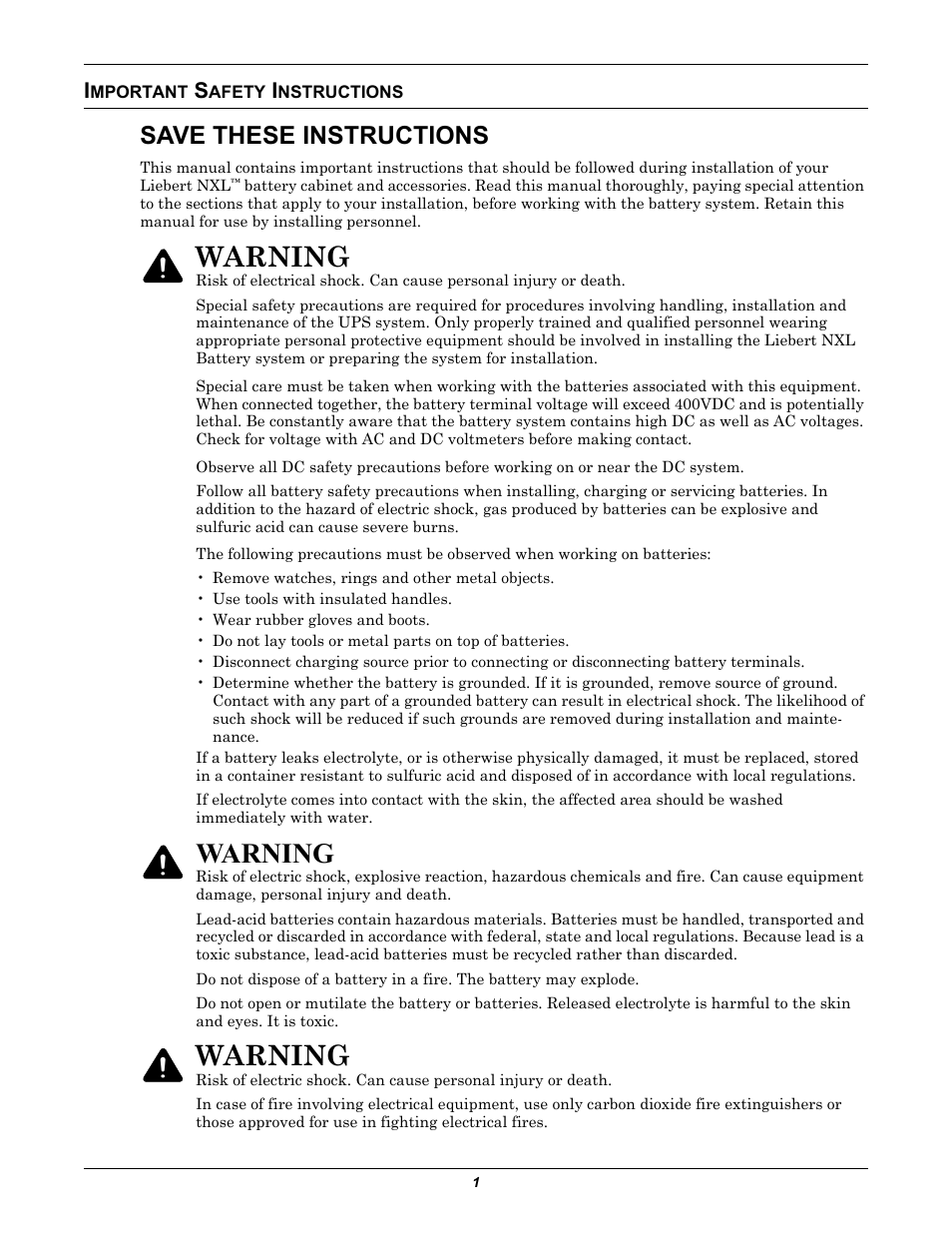 Important safety instructions, Save these instructions, Mportant | Afety, Nstructions, Warning | Emerson NXL UPS Systems User Manual | Page 5 / 48