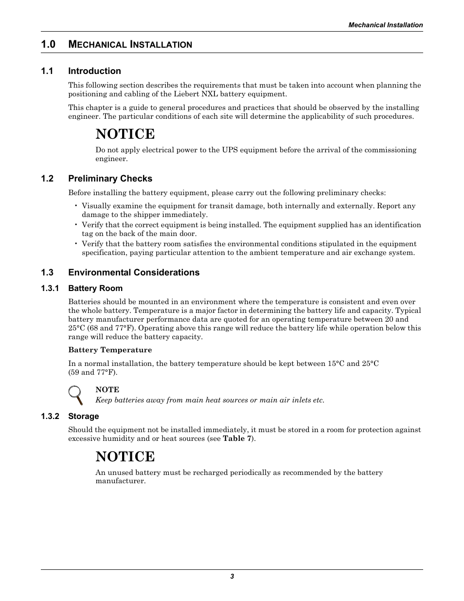 0 mechanical installation, 1 introduction, 2 preliminary checks | 3 environmental considerations, 1 battery room, 2 storage, Echanical, Nstallation, Introduction, Preliminary checks | Emerson NXL UPS Systems User Manual | Page 7 / 48