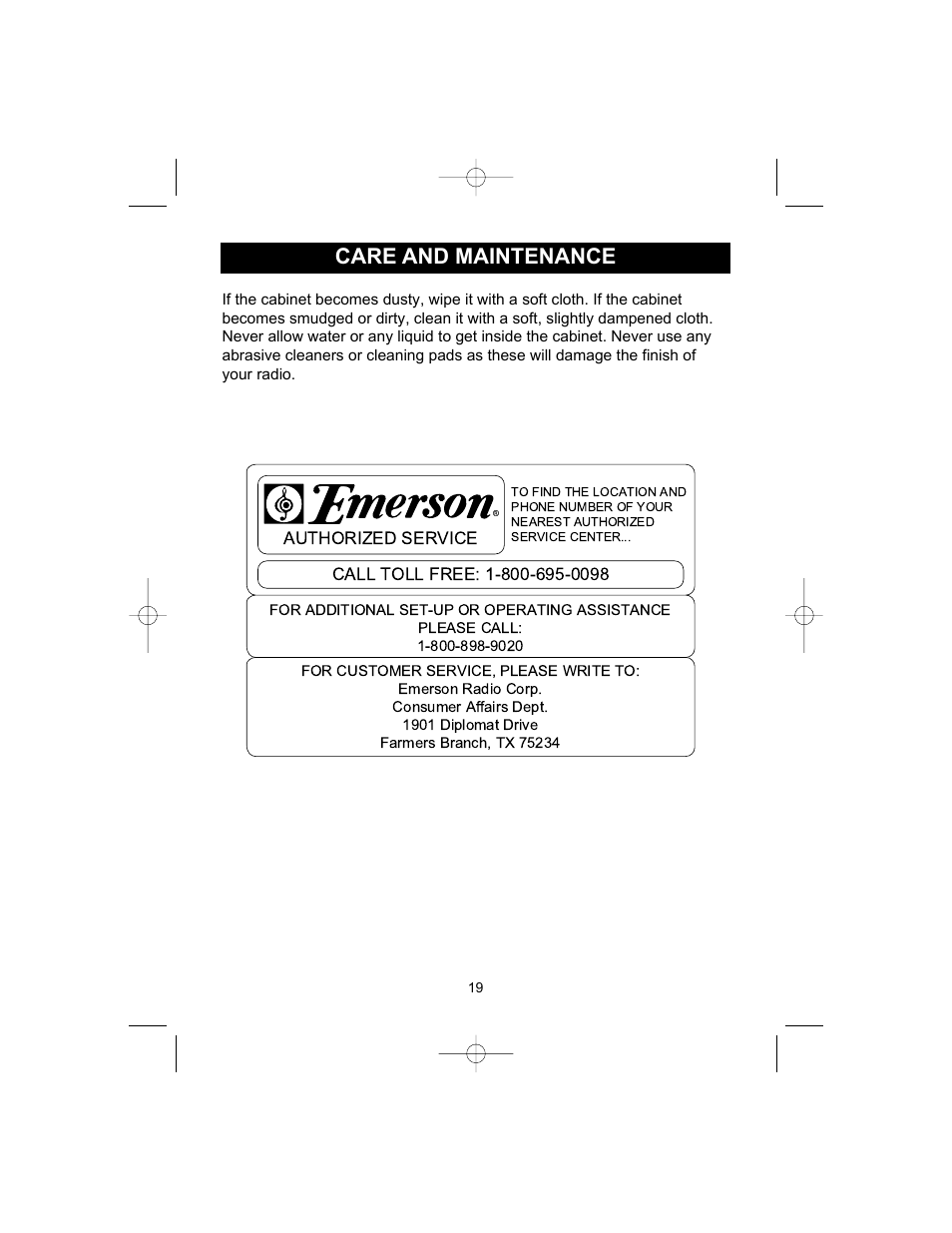 Care and maintenance | Emerson CKD9905 User Manual | Page 19 / 22