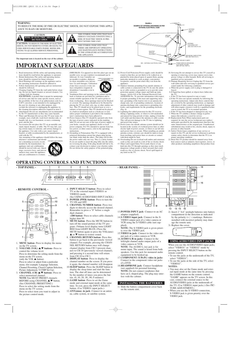 Important safeguards, Operating controls and functions, Rear panel | Installing the batteries, Remote control, Using audio/video input jacks, Top panel | Emerson EWL1503 User Manual | Page 2 / 4