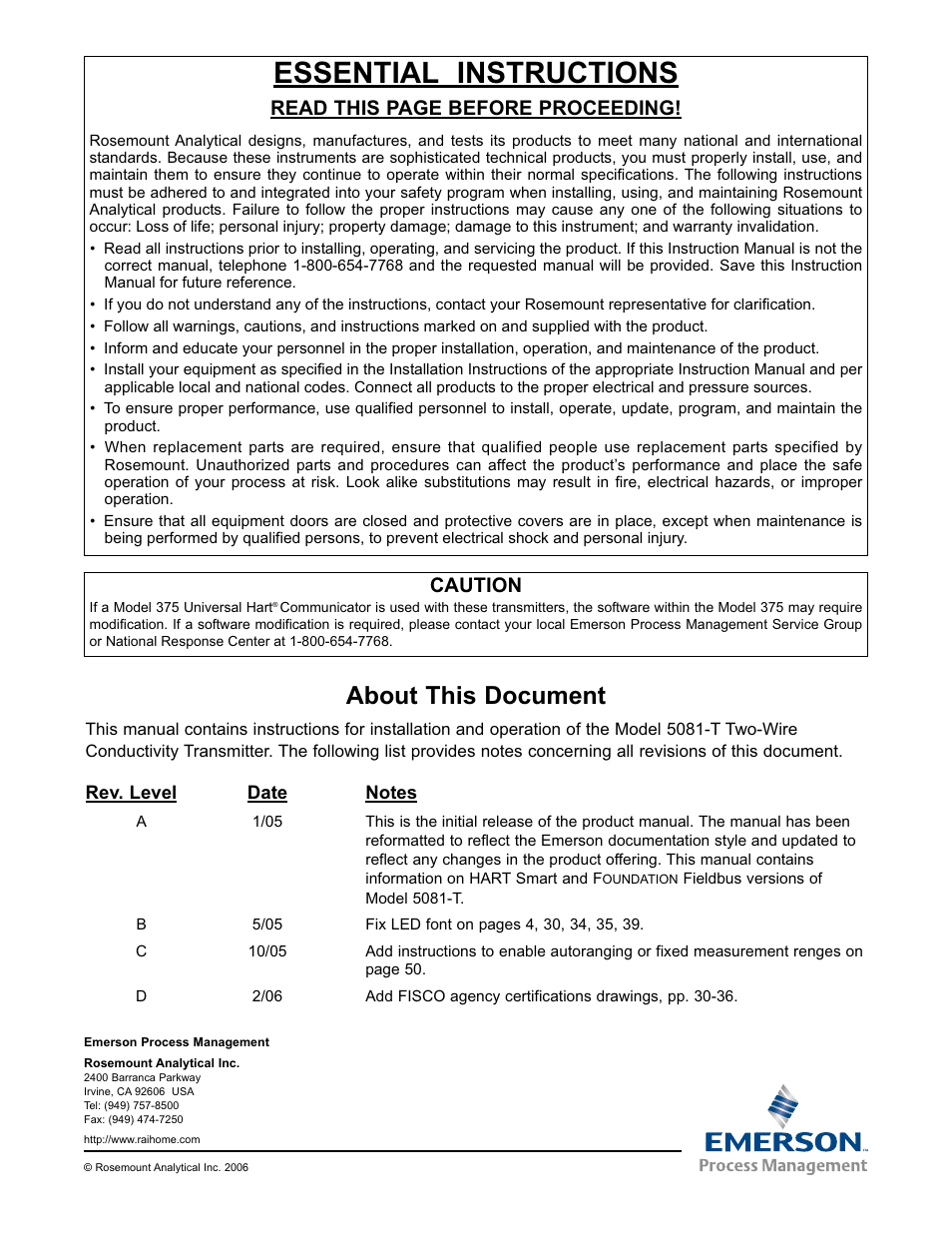 Essential instructions, About this document, Read this page before proceeding | Caution | Emerson 5081-T User Manual | Page 2 / 98