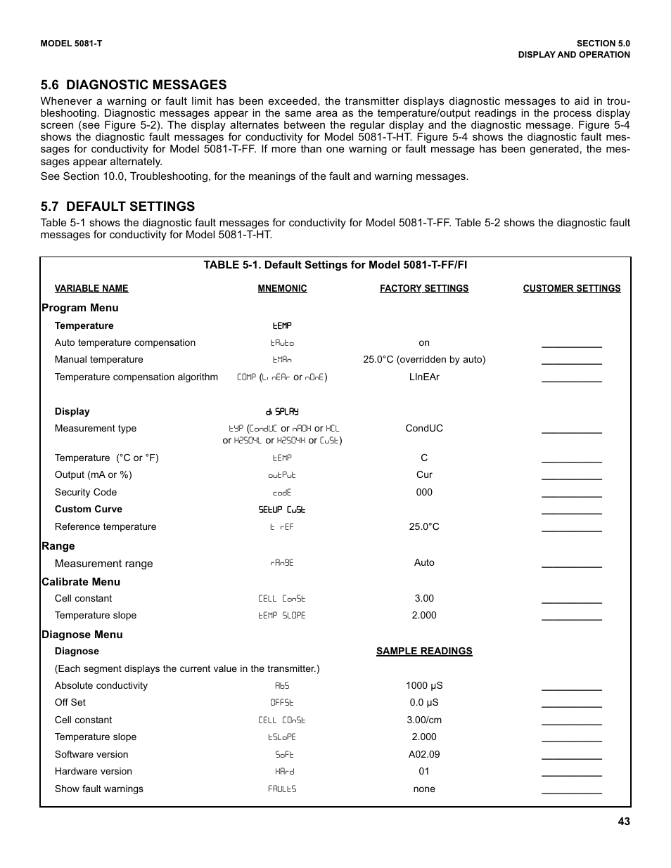 6 diagnostic messages, 7 default settings | Emerson 5081-T User Manual | Page 49 / 98