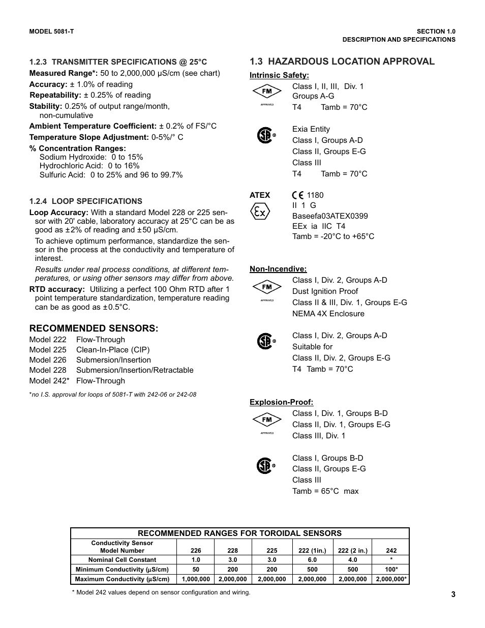 Recommended sensors, 3 hazardous location approval | Emerson 5081-T User Manual | Page 9 / 98